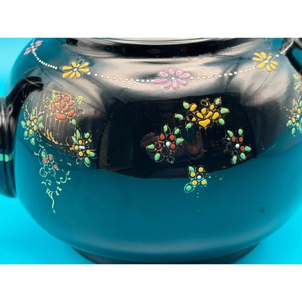Vintage 1940s Japanese Moriage Redware Teapot Black‎ Floral Hand Painted Ceramic